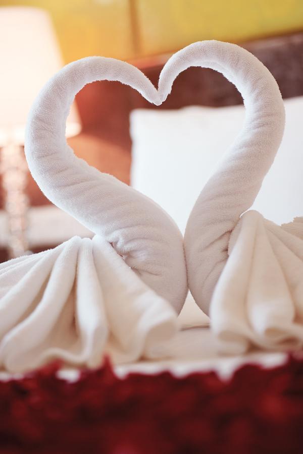 Отель Dorsett Путраджая Экстерьер фото The photo shows two towel swans artfully arranged to resemble a pair of elegant swans. Their necks curve gracefully towards each other, and the towels are draped in a way that mimics the wings and body of the swans. The overall effect is decorative a